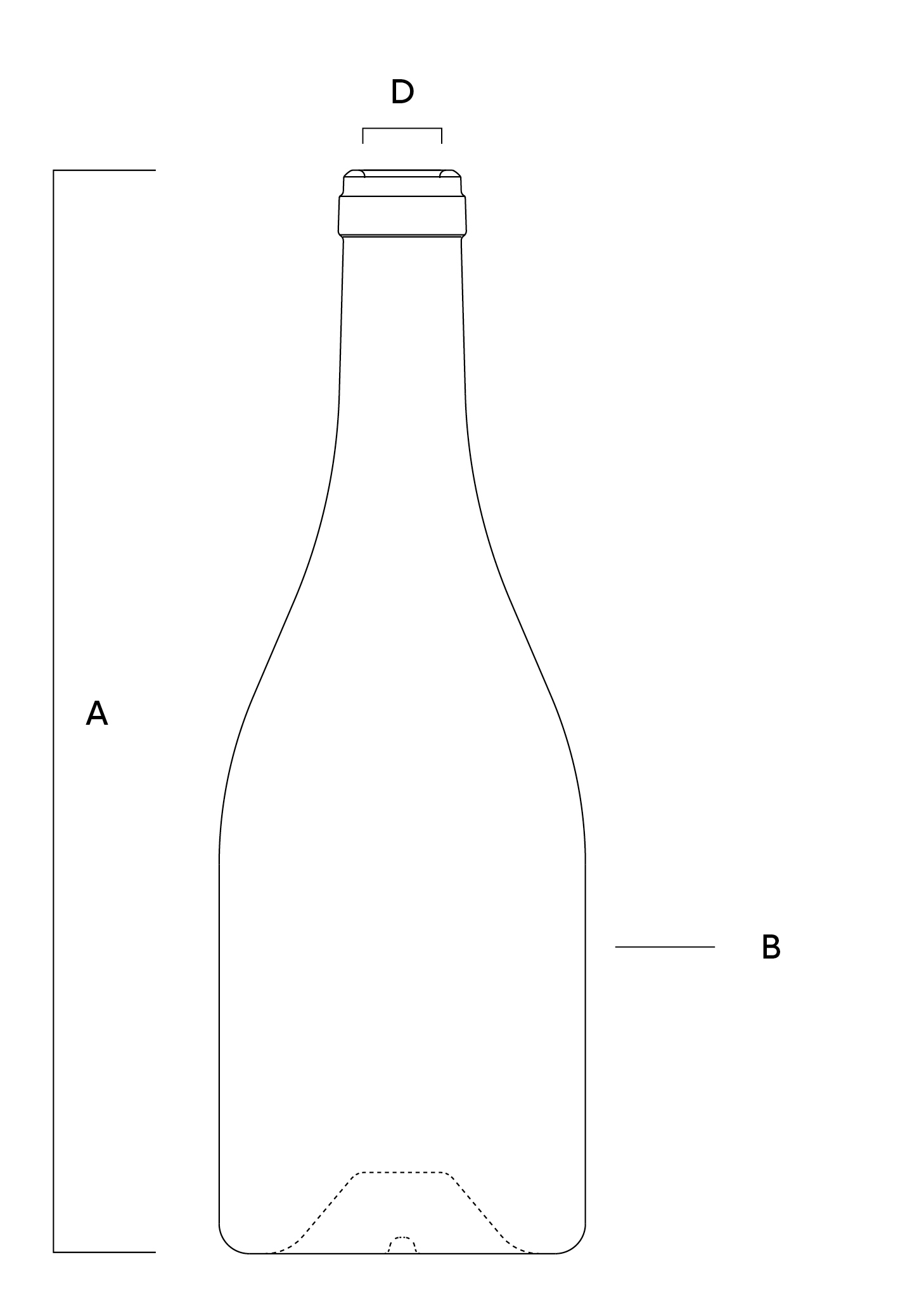 Schéma technique de la bouteille Bourgogne Origin 75cl. Plan technique de la bouteille Bourgogne Origin 75cl avec ses cotes, incluant la hauteur (A), le diamètre (B) et le détail de la bague carrée (D).