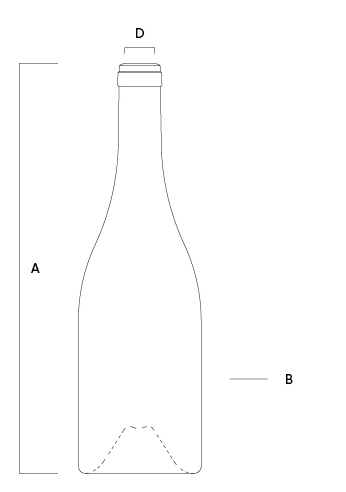 Technical drawing of the Saverglass Bourgogne Agape bottle with dimensions and profile.