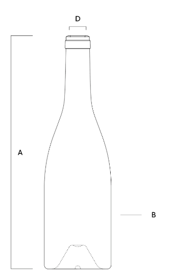 Plano técnico de la botella de vidrio Bourgogne Roble Saverglass, con dimensiones y perfil detallado.