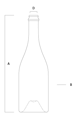 Plano técnico de la botella Arbane de Saverglass, mostrando las dimensiones y el perfil para una tapa de corona.
