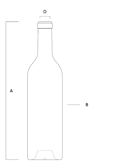 Technical drawing of the Saverglass Caudalie Eco bottle, with dimensions and specifications.