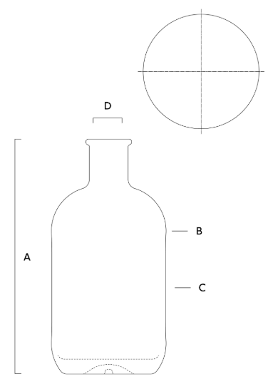Schéma technique de la bouteille ronde Super Tonic de Saverglass, avec dimensions et profil, pour la conception de spiritueux et alcools.