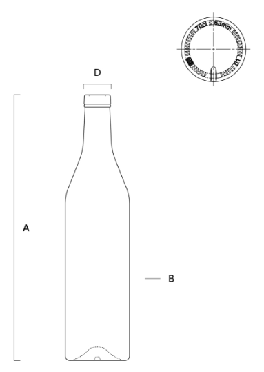 Esquema técnico de la botella Cognacaise Eco de Saverglass, con dimensiones y detalles del cuello.