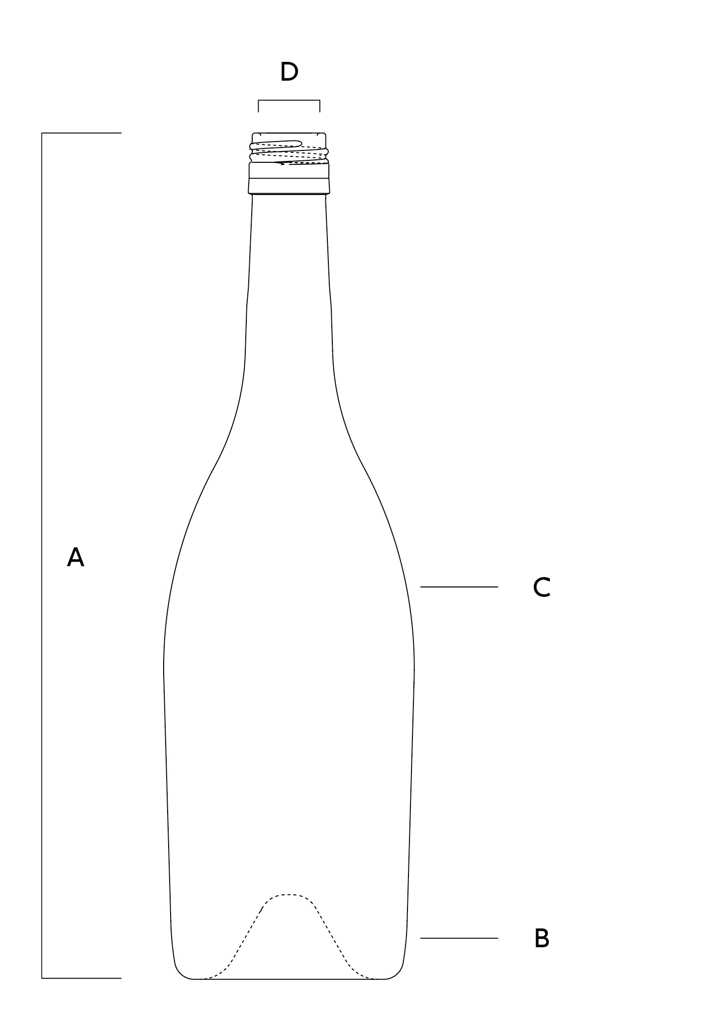 Esquema de la botella de vidrio Bourgogne TASTEVINE BVS de Saverglass, con referencias dimensionales A, B, C y D.